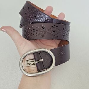 Fossil Brown Leather Belt Cutout Pattern Heavy Metal Brushed Hardware Large